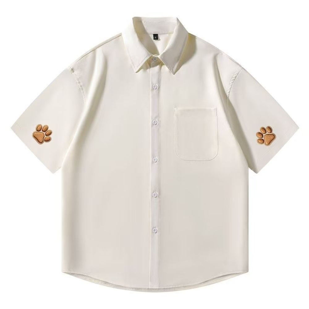 Cream Short-Sleeve Button-Up Shirt with Paw Patch